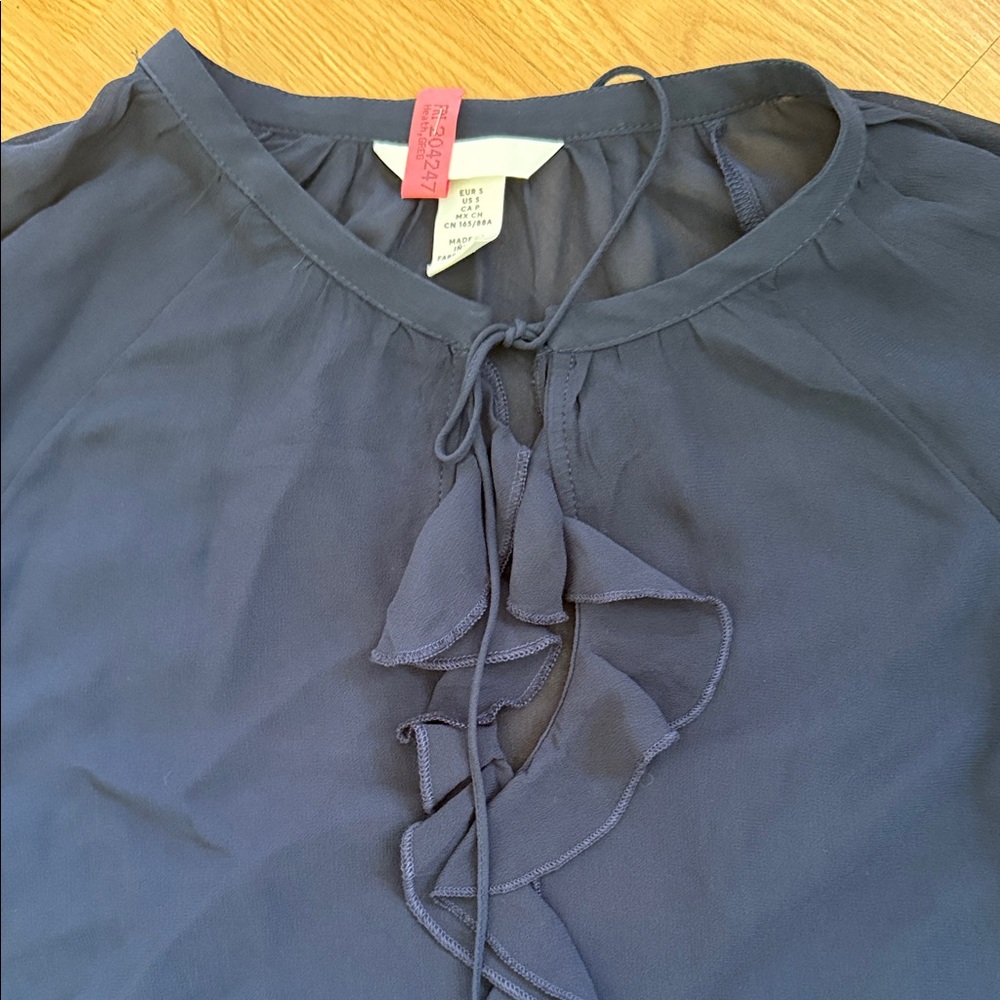 H & M Navy Blue Ruffle Long Sleeve Blouse Top Small Sheer Loose Fit - Picture 2 of 6